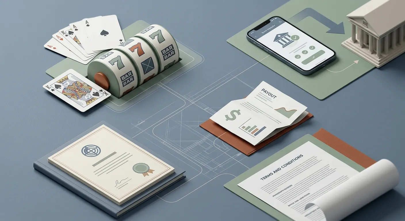 Editorial illustration grouping casino games, PayID payments, withdrawals, bonus terms and licence checks