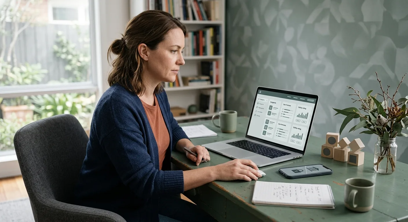 Editorial illustration of an Australian player assessing an online casino on a laptop