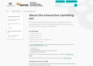 ACMA Interactive Gambling Act guidance page on Australian online gambling rules