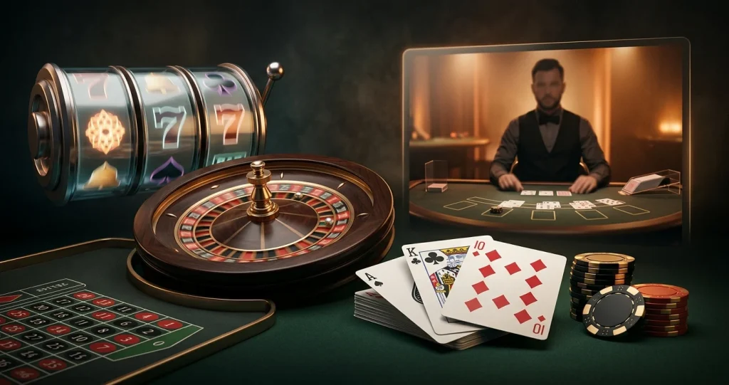 Editorial illustration combining pokies reels, roulette, blackjack cards and a live dealer table
