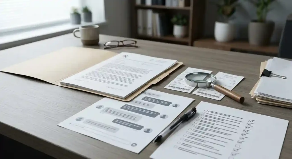 Editorial illustration of complaint review records, payment evidence and support messages