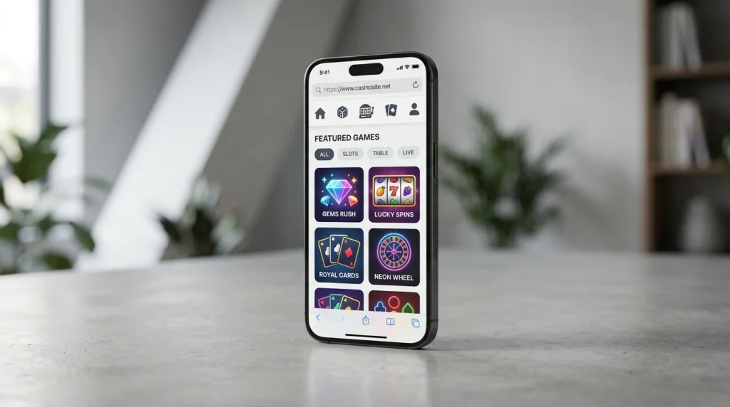 Generic smartphone showing a responsive casino-style webpage inside a mobile browser