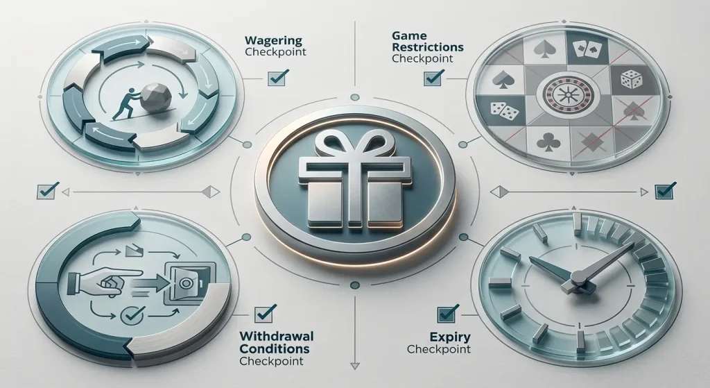 Illustration of a bonus terms checklist covering wagering, game restrictions, expiry and withdrawal conditions