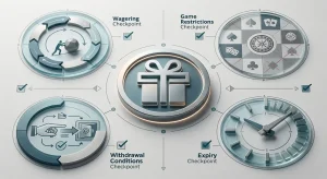 Illustration of a bonus terms checklist covering wagering, game restrictions, expiry and withdrawal conditions