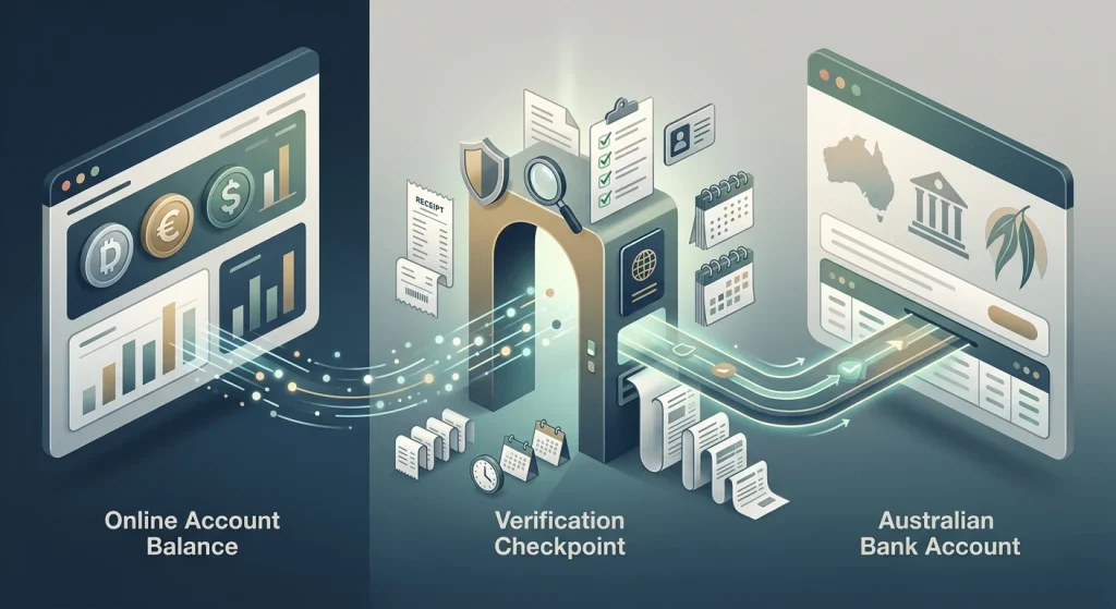 Illustration of a casino withdrawal moving toward an Australian bank account with a verification checkpoint and saved transaction records